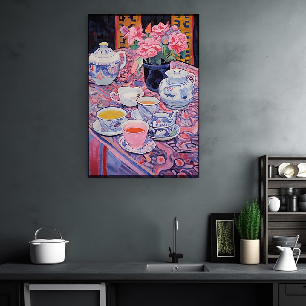 Art Wall: a Serene Tea Set Amidst Vibrant Flowers and Sumptuous Textiles. Interior Decor, Canvas Art Design, Art Apartment Decoration, Office Arts Design. Size:: 69x46 cm (27x18 inch)
