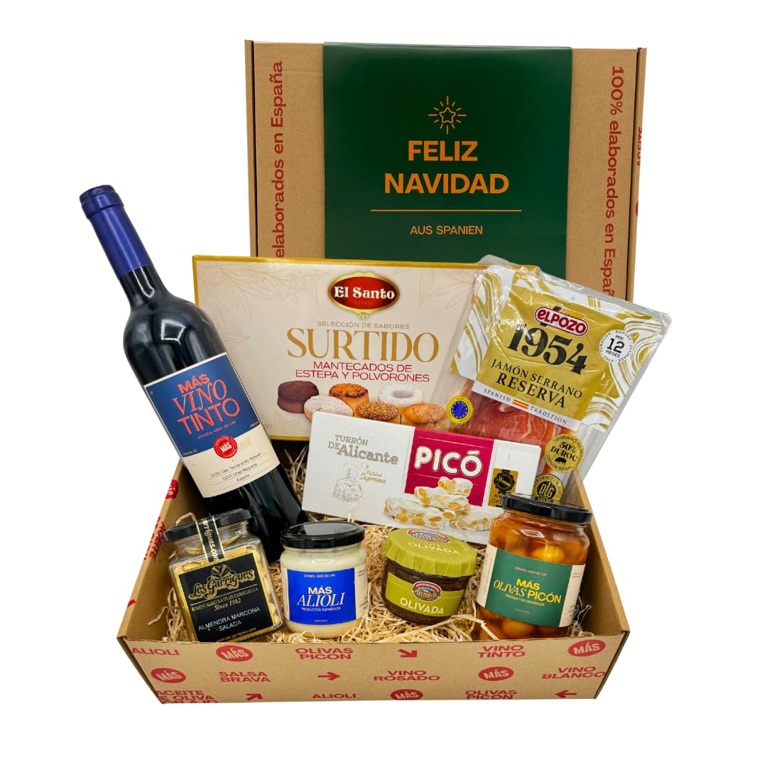 MAS PRODUCTOS - Spanischer Weihnachtskorb "Feliz Navidad" Spanische Spezialitäten Geschenkkorb für Männer & Frauen Hochwertige Geschenkidee