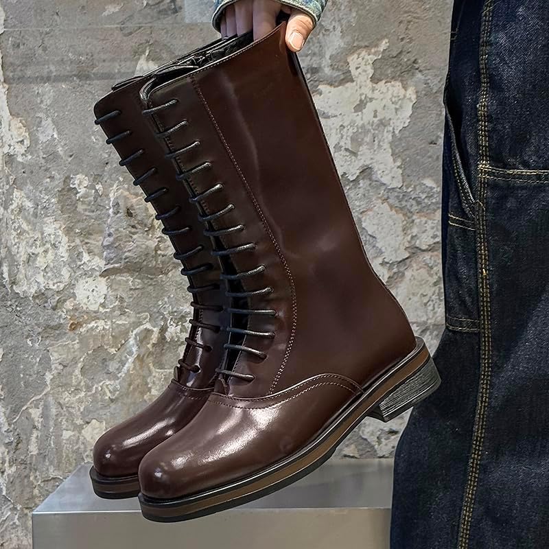 Men's Vintage High Top Motorcycle Combat Boots Zipper Lace Up Leather Biker Boot Casual Oxford Boots for Men
