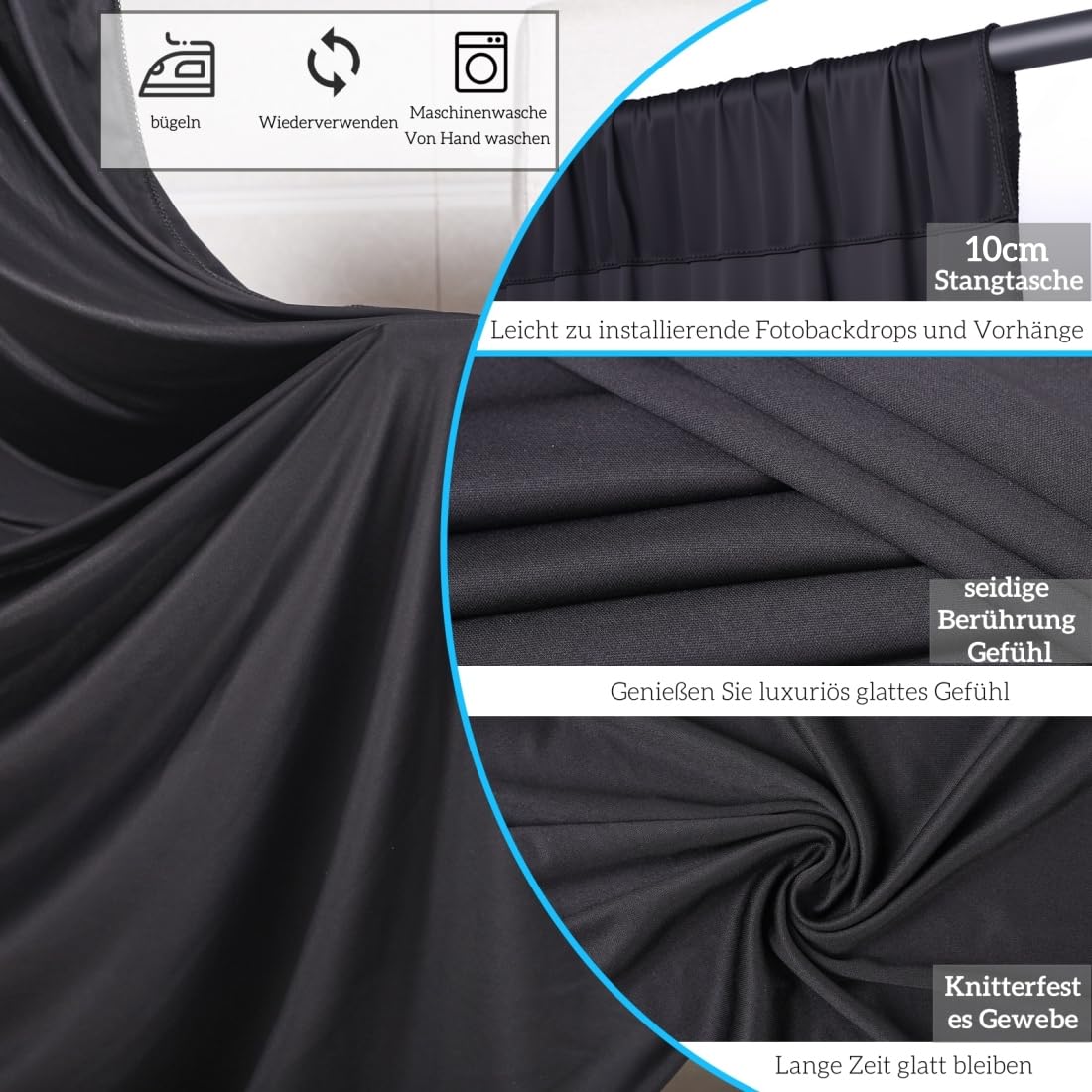 6 × 3,6 m schwarzer Hintergrundvorhänge für Partys und Hochzeiten | 4 Vorhangpaneele, je 1,5 × 3,6 m, aus dickem Polyester, knitterarm, waschbar und wiederverwendbar, mit 10 cm Stangentasche