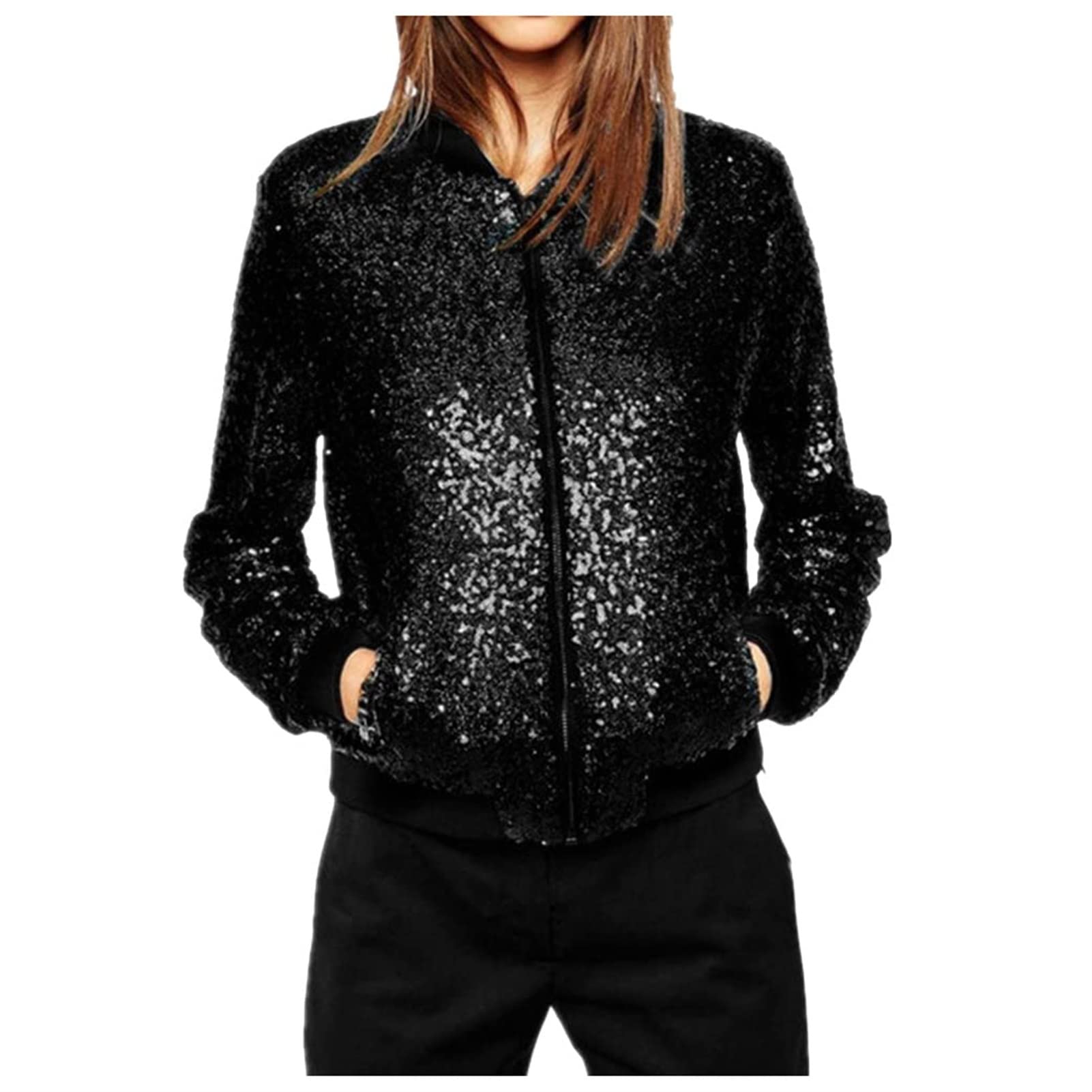 JieroansWomen's Glitter Sequin Jacket Hiphop Long Sleeve Bomber Jacket Fly Jacket Biker Jacket Outwear