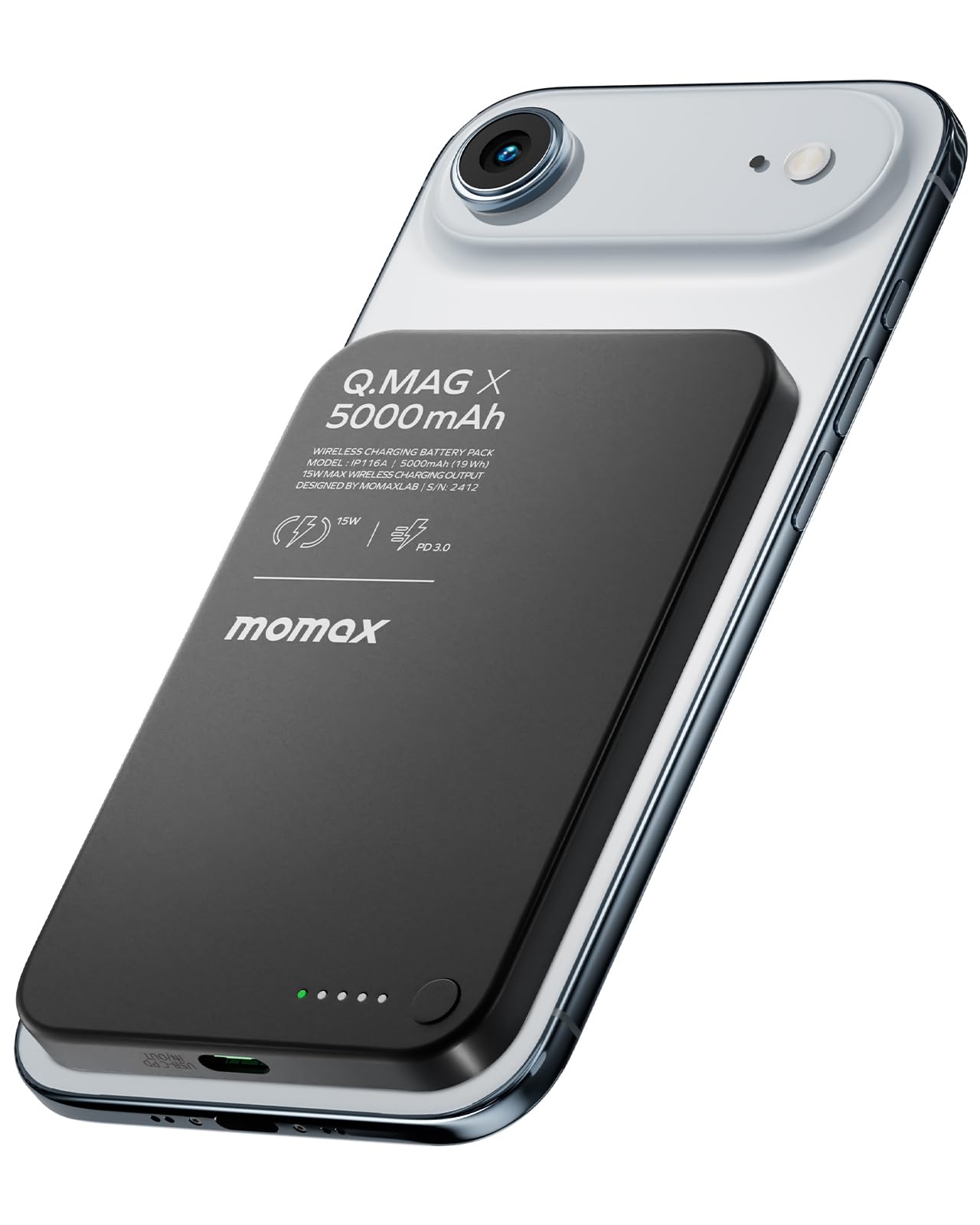 MOMAX de Batería Externa Magnética Inalámbrica 5000 mAh, Cargador Portátil Ultradelgado de 0,3" Compatible con MagSafe, Carga Rápida USB-C PD de 20 W, para iPhone 17/16/15/14/13/12