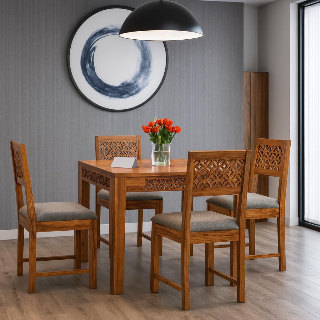 - Wooden 4 Seater Dining Table Set | Dining Table 4 Seater | Four Seater Dinning Table with 4 Cream Cushioned Chairs | Dining Room Furniture for Kitchen & Restaurants | Sheesham Wood, Honey