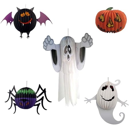 Amazon ハロウィン 5種類セット3d 飾り 紙製 折りたたみ ランタン おばけ かぼちゃ ゴースト コウモリ クモ 壁掛け お化け屋敷 バー お祭り パーティー 雰囲気満点 ホワイト 黒 季節用品 おもちゃ
