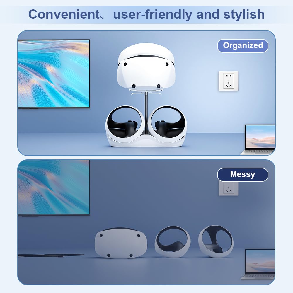 HONCAM Station de charge pour PSVR 2, support multifonction PSVR2 avec 7 lumières RVB, support d'affichage pour casque, station de charge pour deux contrôleurs, connecteur magnétique, câble de type C