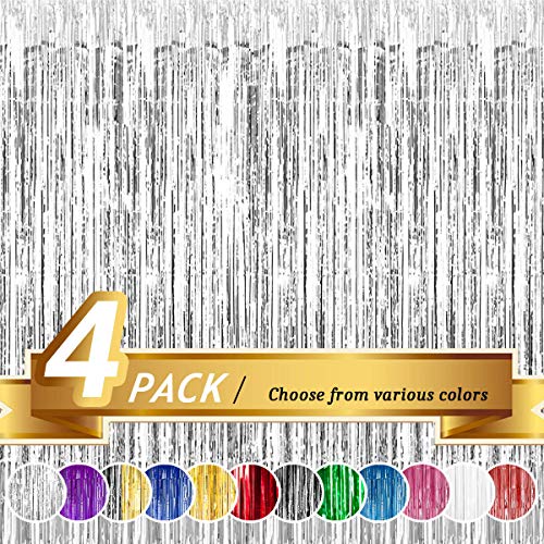 BTSD-home Silver Foil Fringe Curtain, Metallic Photo Booth Backdrop Tinsel Door Curtains