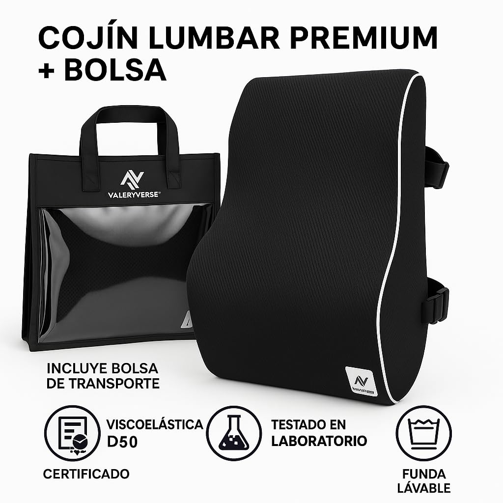 Cojín Lumbar Ergonómico Viscoelástica Alta Densidad D50 con Bolsa – Soporte Anatómico para Espalda y Cervicales – Correas de Sujeción Ajustables y Base Antideslizante – Oficina, Coche o Sofá – Negro