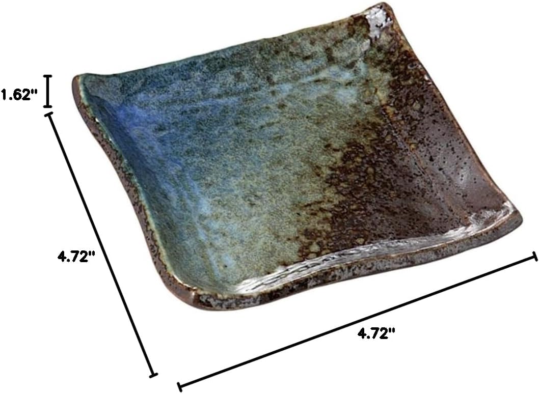 Japanese Mino ware Ceramic Serving Dishes 4.7 Inches, Set of 4, Seasoning Dishes, Sauce Dish, Sushi Dipping Bowl, Appetizer Plates, Aofuki Blue and Brown M30219