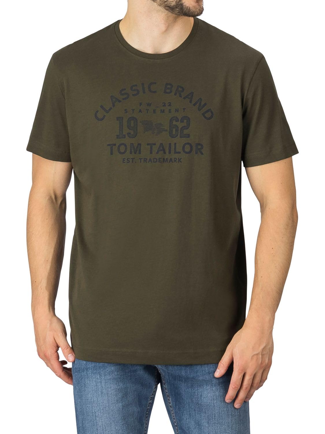 TOM TAILOR Camiseta para hombre, paquete de 4 unidades, cuello redondo, manga corta, corte regular, estampado de verano, 100% algodón, negro, blanco, verde, rojo, azul, gris