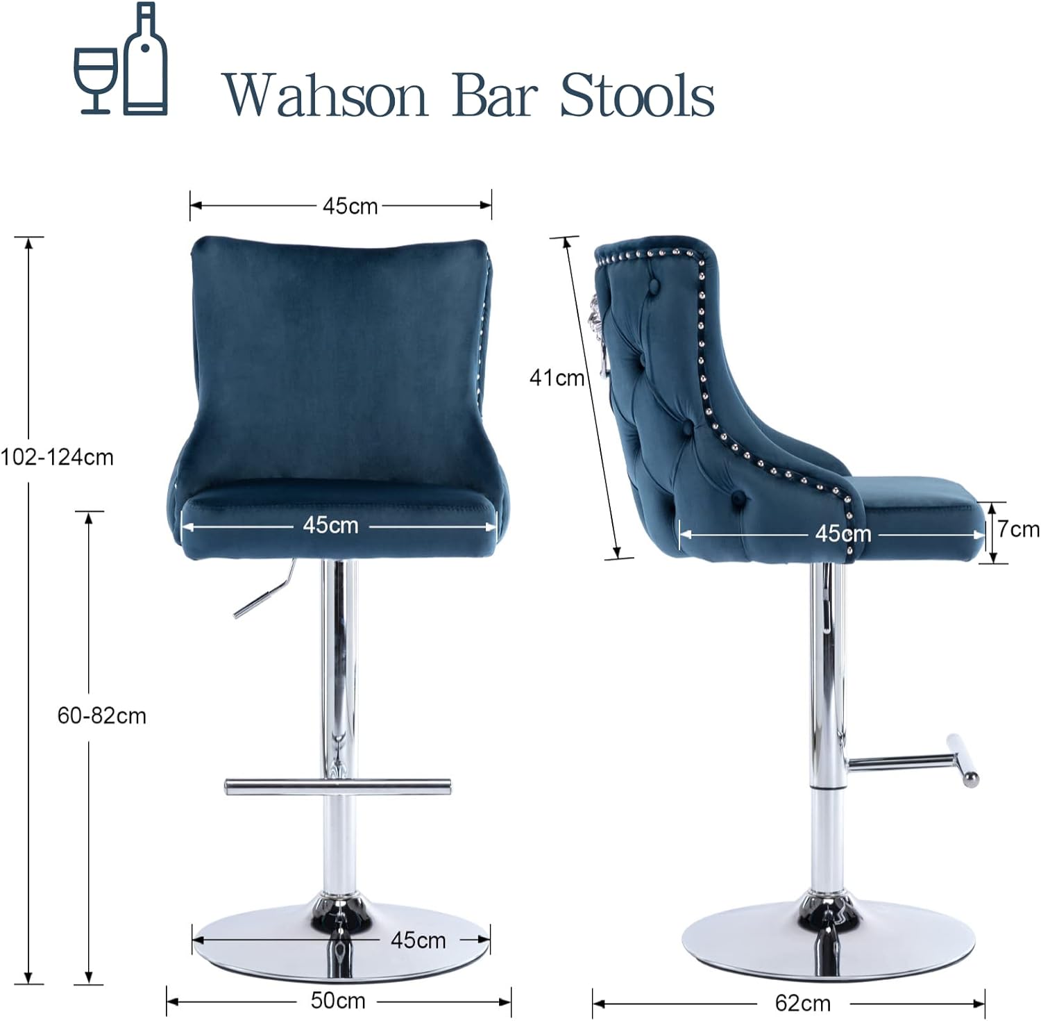 Buy Wahson Velvet Bar Stools Set of 2 Counter Chairs with Backrest