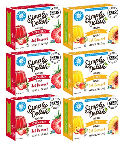 Simply Delish Jel Dessert Variety Pack, 3 Strawberry & 3 Peach, Sugar Free, Non GMO, Gluten Free, Fat Free, Vegan, Keto Friendly, 0.7 OZ Each (6 CT)