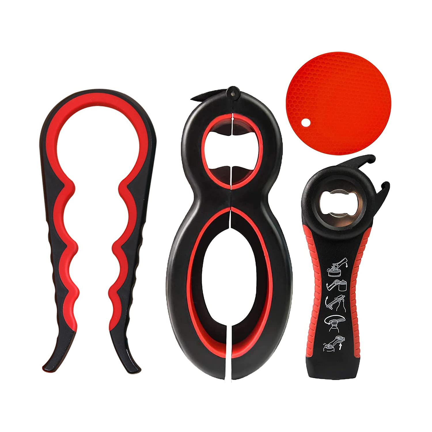 Spring.Rd 4-in-1 Jar Opener Set, 4 Packs Rubber Jar Opener for Weak Hands Seniors with Arthritis, Black and Red, Plastic