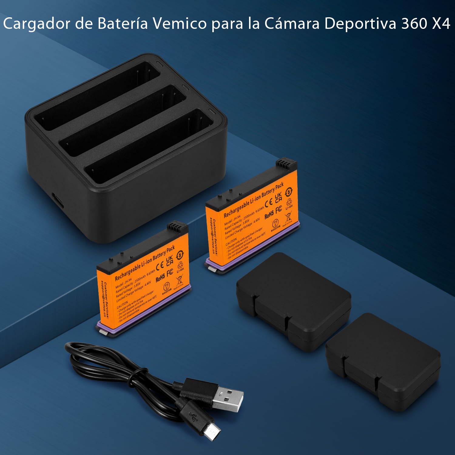 Vemico 360 X4 Batería Cargador Kit 2 x 2500mAh 360 One X4 Baterias | USB-C 3-Canales LED Cargador para 360 One X4 Cámara de Acción