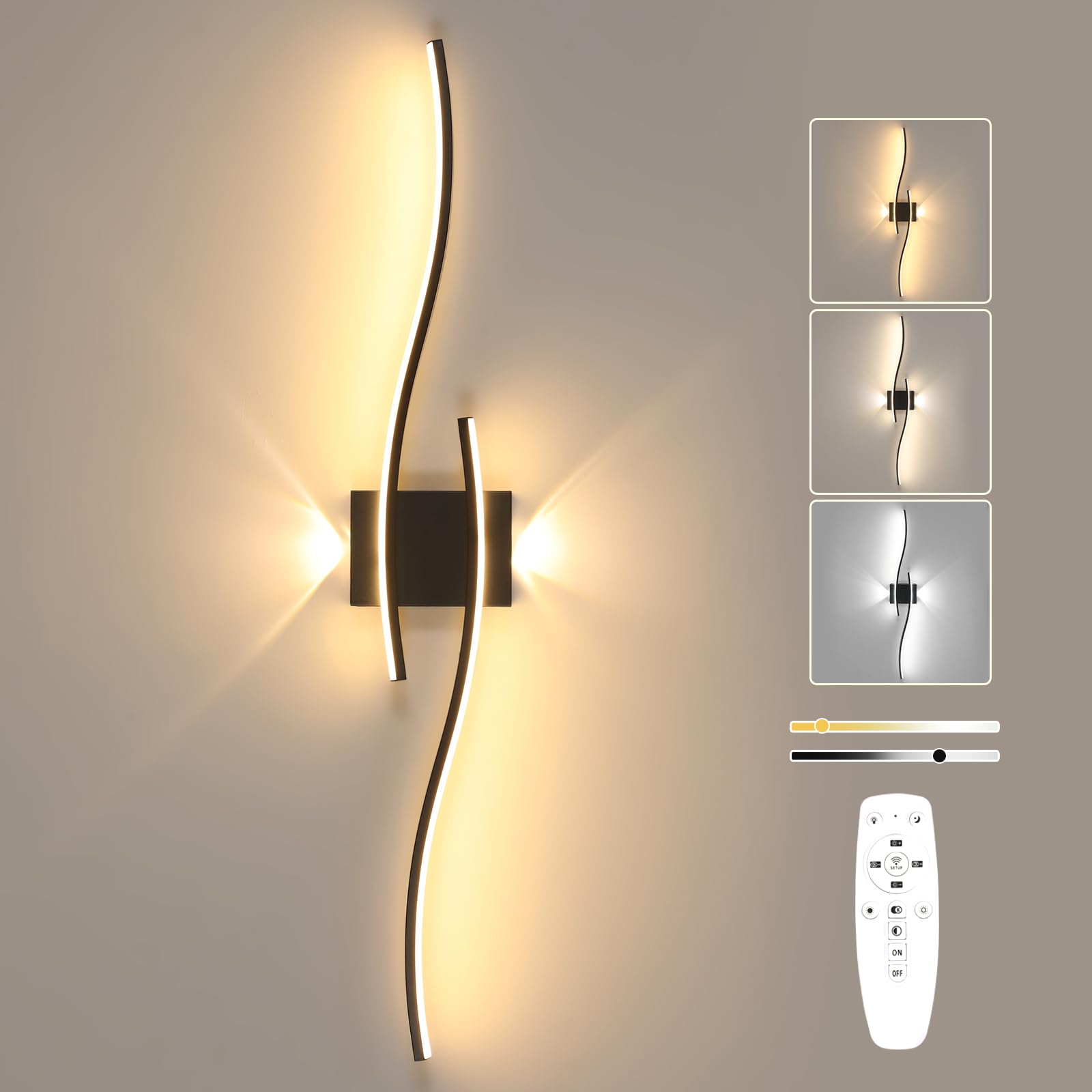 Goeco Applique da Parete Interno Dimmerabile 89CM 29W 3250LM Nero | 3000K-6500K Lampada da Parete LED con Telecomando Illuminazione Lunga con Funzione Memoria per Soggiorno Camera da Letto