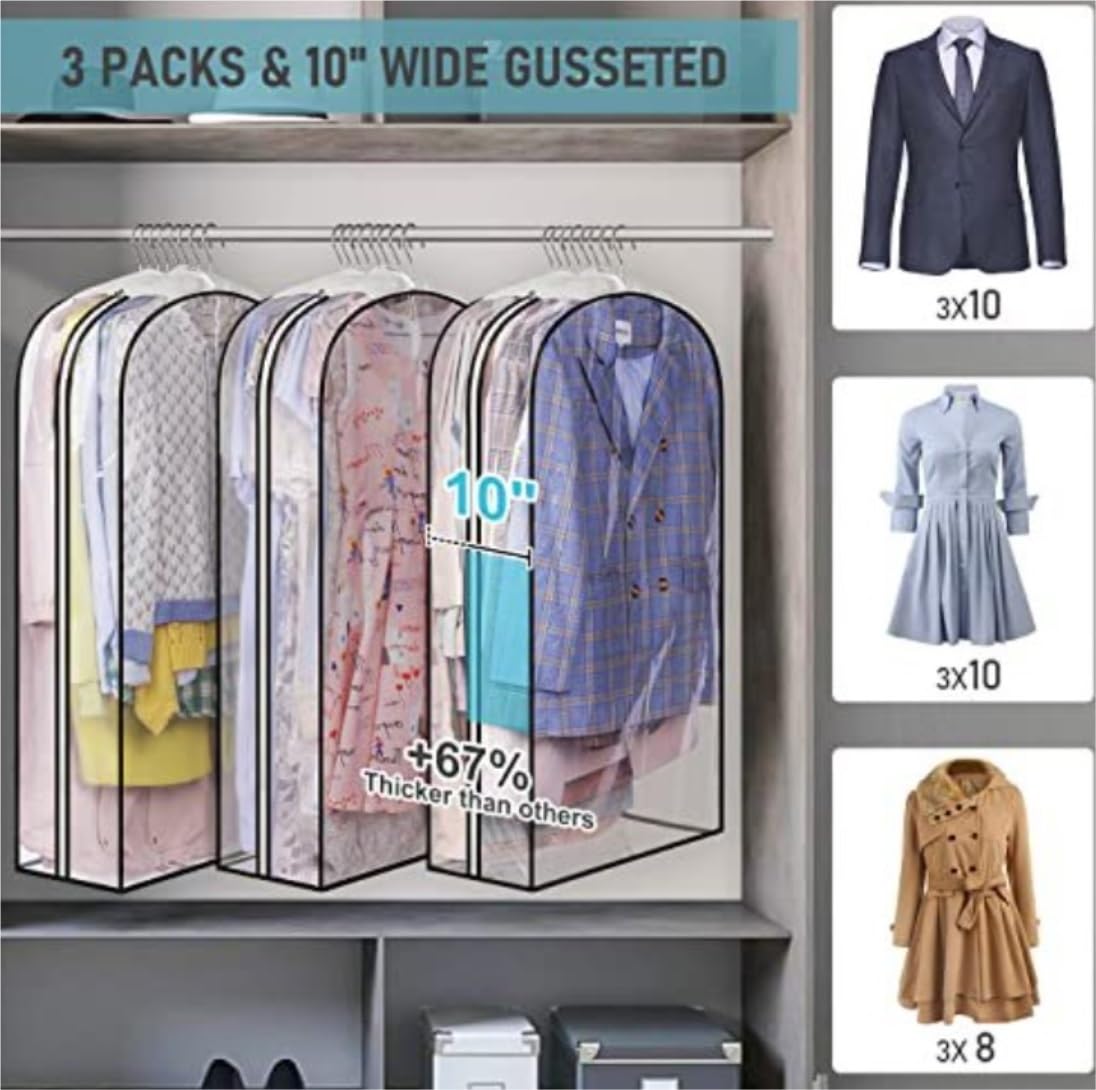 Bolsa de Traje Portatrajes Bolsas Transparentes Para Ropa, Funda Para Bolsa De Ropa Colgante Para Almacenamiento En Armario, Funda De Viaje De 10 Pulgadas Para Trajes, Camisas Y Vestidos, 3 Uds. Bolsa