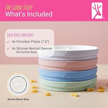 Elk and Friends Kids/Toddler 7.8 Porcelain Divided Plates + Sleeves | 4pk | Silicone Sleeves | Non Slip Dinnerware | Microwave + Dishwasher Safe | Perfect for Meals, Snacks + Separating Foods