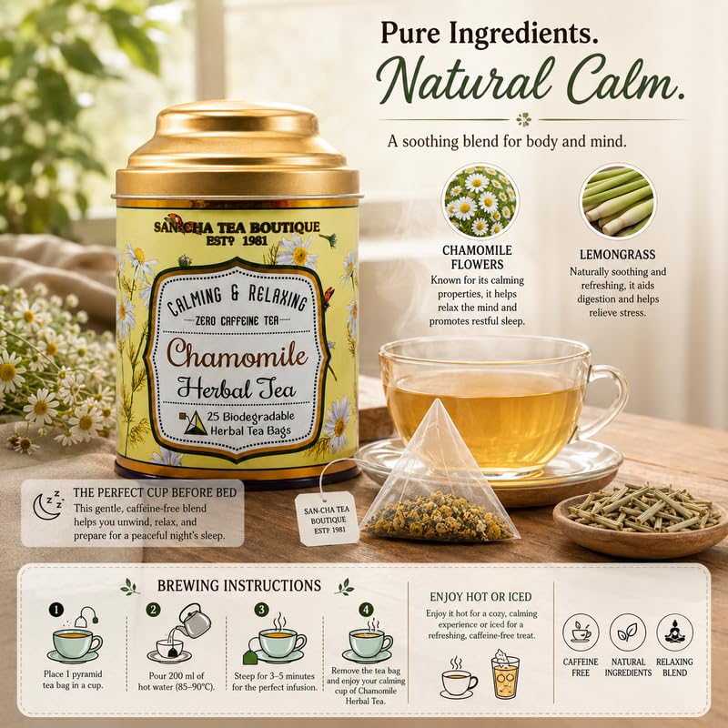 Image of Sancha Tea Boutique Chamomile Herbal Infusion | 25 Pyramid Tea Bags | 100% Caffeine-Free | Single-Origin India | Bedtime & Relaxation Tea | No Artificial Flavours | Elegant Tin Caddy