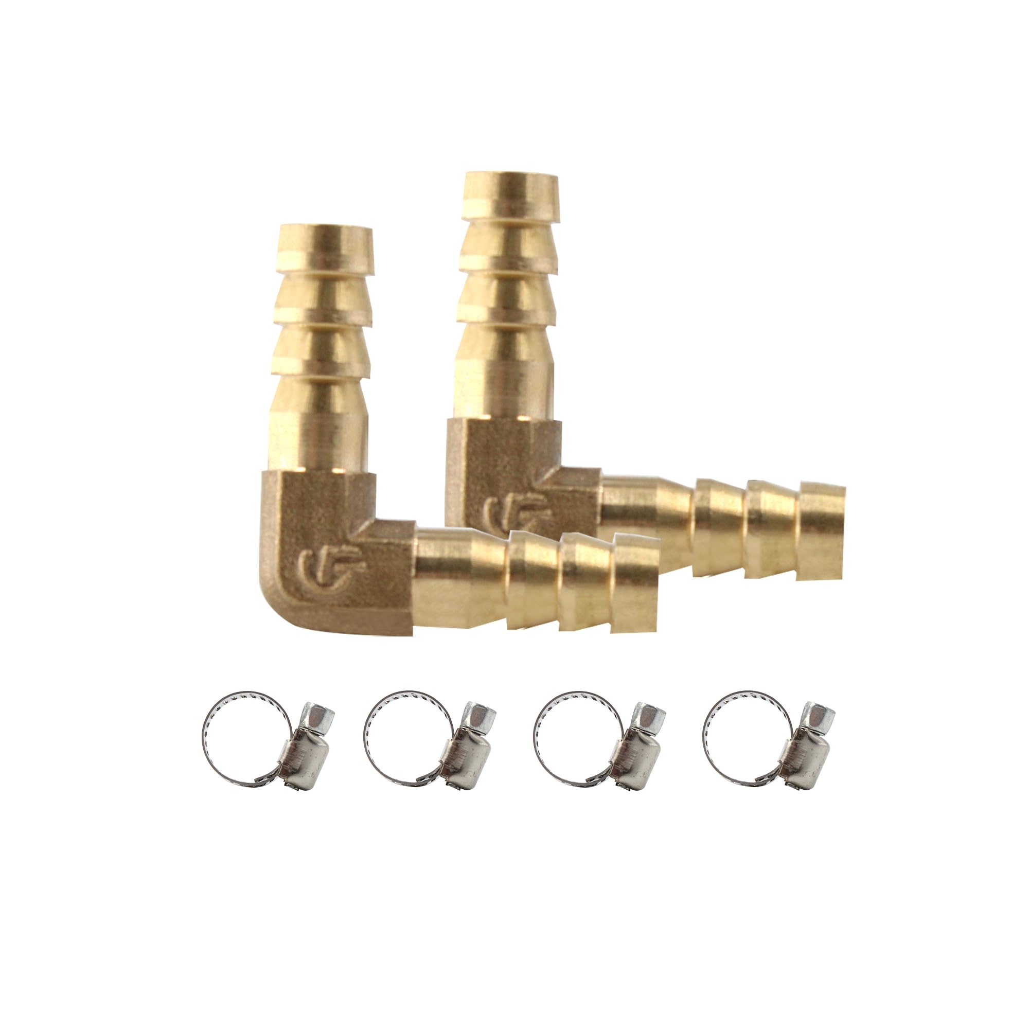 AUXBC 2Pcs 5/16Inch 90 Degree Brass Hose Barb, L Right Angle Brass Barb Elbow Connector Fitting with 4Pcs Hose Clamps for Fuel, Air, Water, Oil, Gas(