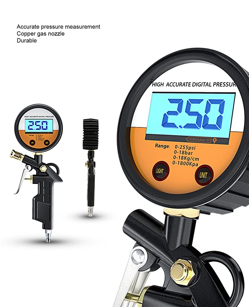 Manometr w oponach, cyfrowy miernik ciśnienia w oponach, cyfrowy wyświetlacz LCD 255 PSI, z wężem gazowym i rurką sprężynową, nakładki na zawory do monitorowania ciśnienia w oponach, narzędzie samoc