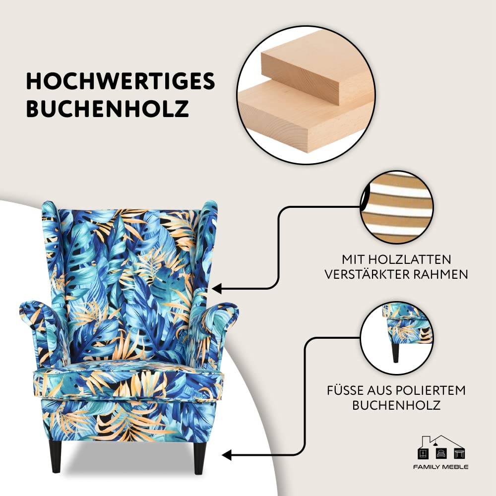 Fotel Uszak z Podnóżkiem, Model Print, Skandynawski, Relaksacyjny Wykonany z Tkaniny Tkanej, Wypoczynkowy, Uszak z Podnóżkiem, Wygodny, Do Salonu, Jadalni, Sypialn