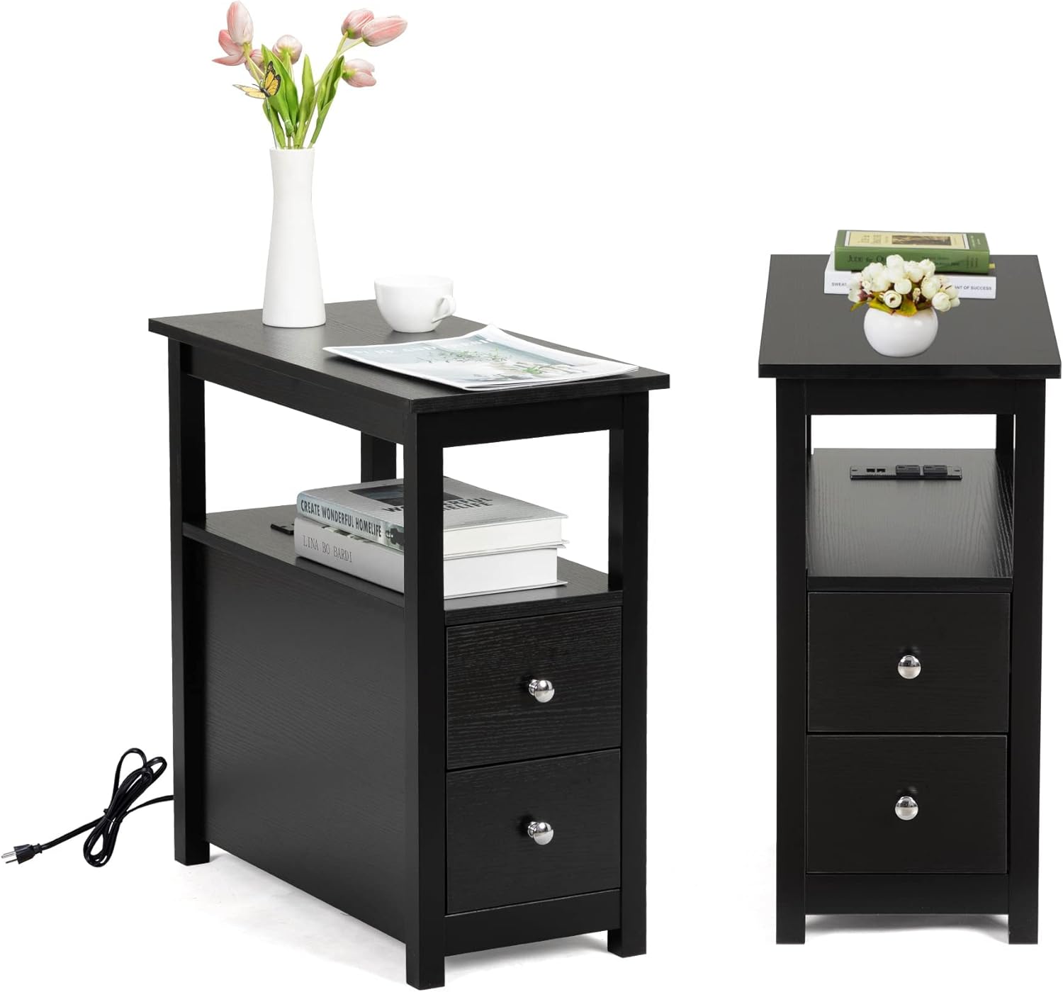 Sandinrayli End Table with Charging Station, Side Table with 2 Drawer & USB Ports