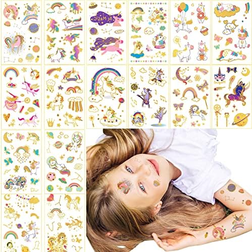 Aniuvot Glitter Unicorn Temporary Tattoos for Girls Boys Kids Birthday Party Favor Supplies 16 Sheets, Children Gold Metallic Body Decoration Stickers - Rainbow Unicorn, Butterflies, Space Styles…