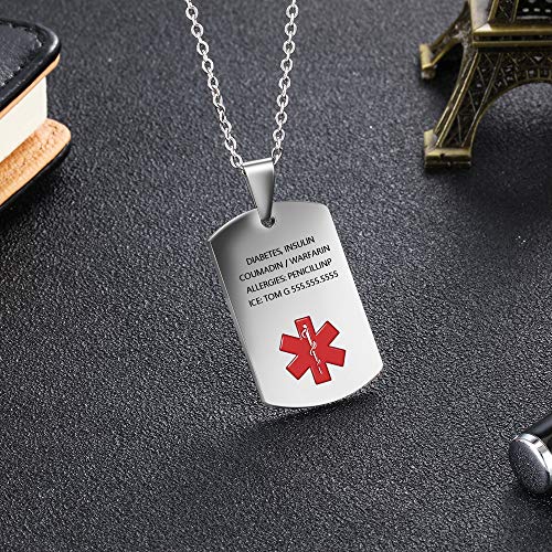 Medical Alert Pendant Necklace for Men Women Custom Engraved Name ID Tag Stainless Steel Necklace Emergency Med Alert Necklace for Men Women Medical Alert Jewelry(Silver)