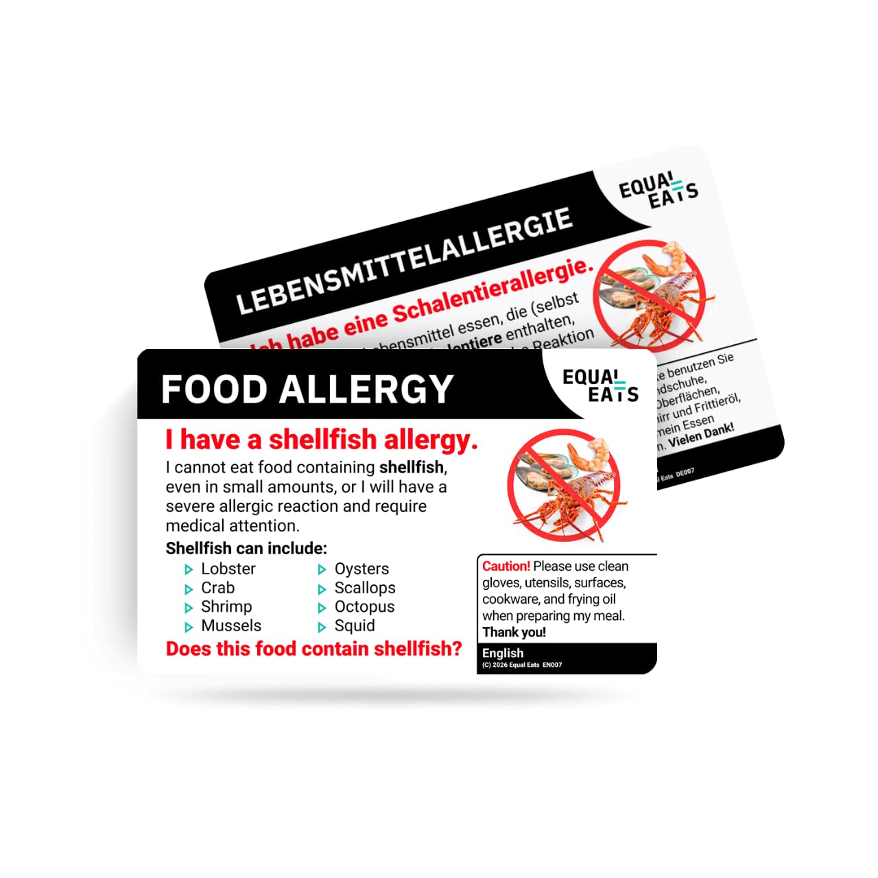 Equal Eats Shellfish Allergy Translation Card, Credit Card Size, English, Food Allergy Alert Card (German)