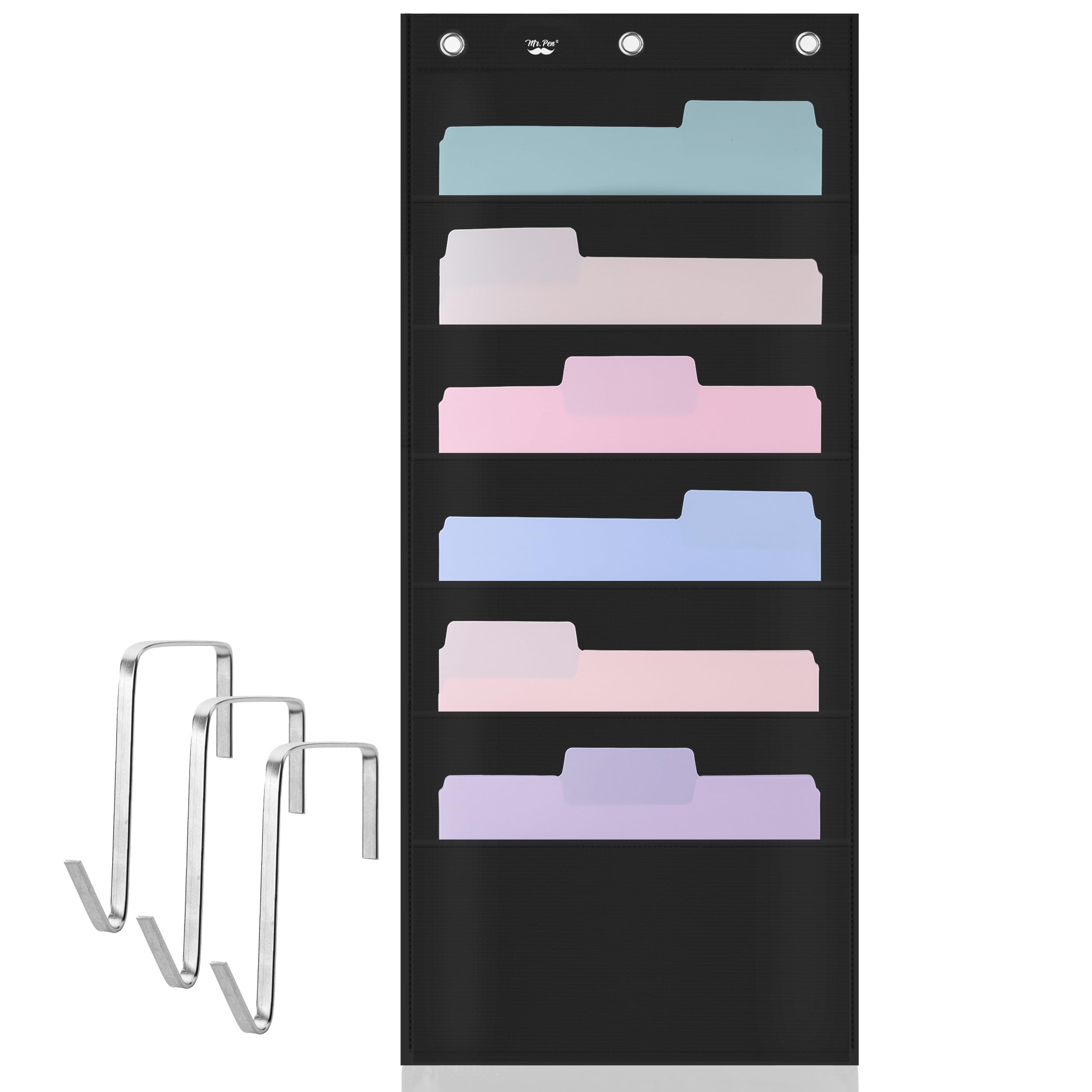 Mr. Pen- Hanging Wall File Organizer, 6 Pocket, Black, 3 Overdoor Hangers Included, Over the Door File Organizer, Wall Folder Organizer