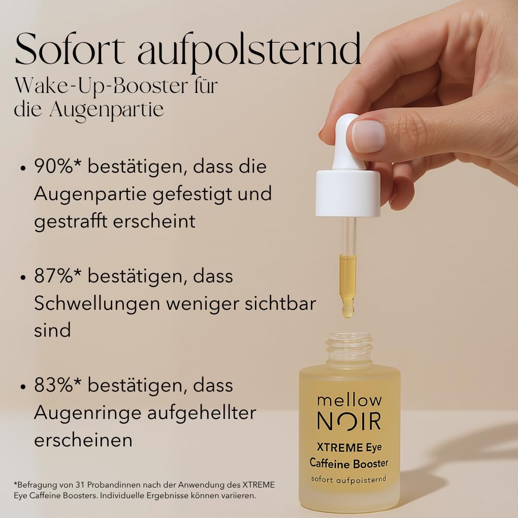 mellow NOIR XTREME Eye Caffeine Booster 15ml - SOFORT AUFPOLSTERND – Augenserum mit Koffein für müde geschwollene Augen – gegen Augenringe und Tränensäcke - Vegan - Zertifizierte Naturkosmetik