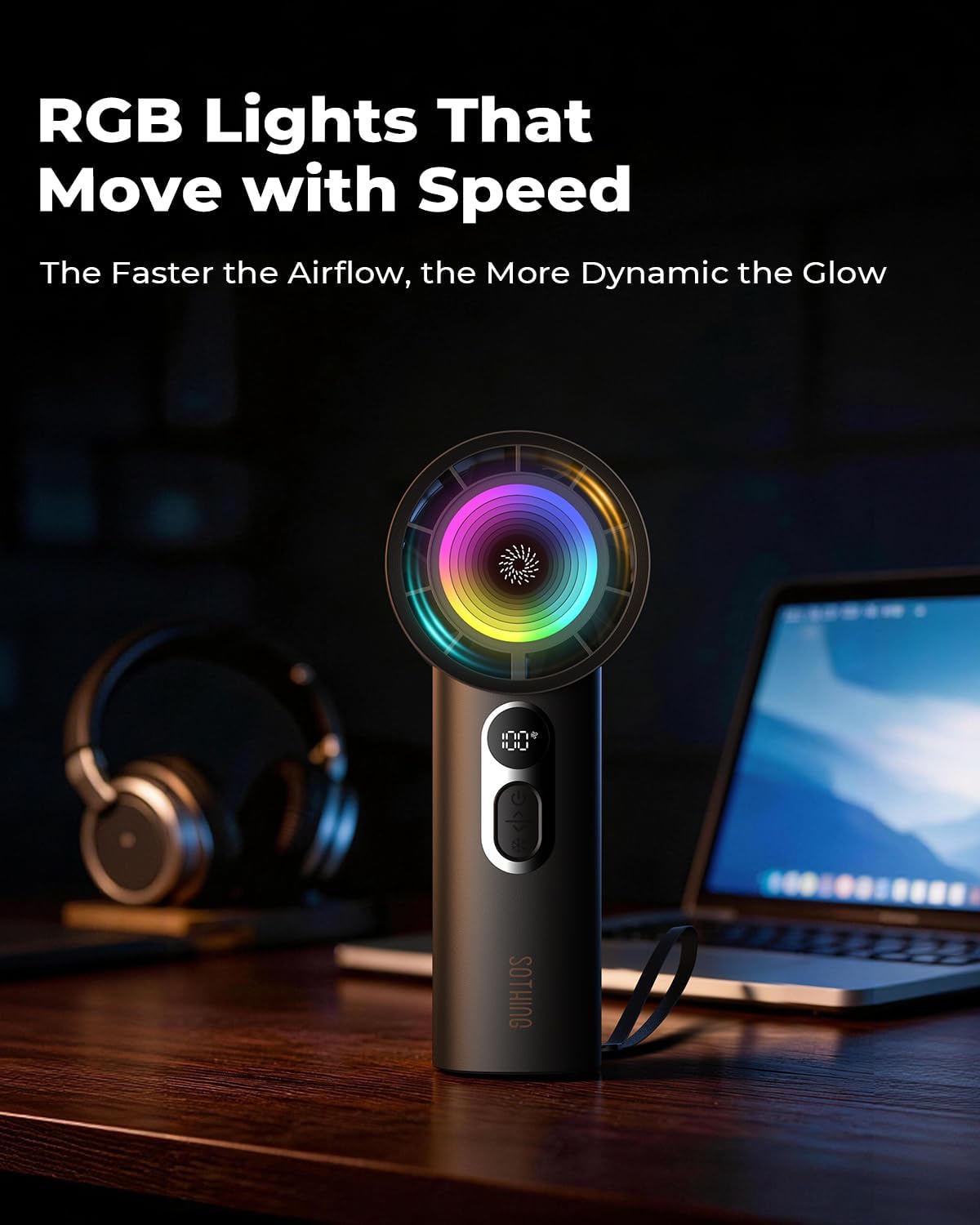 SOTHING Portable Handheld Fan with Dynamic RGB Light, Small Rechargeable Personal Fan, 1-100 Speeds, Up to 23.7 ft/s Airflow, Up to 12H Runtime, 7-Blade Quiet Fan with Digital Display