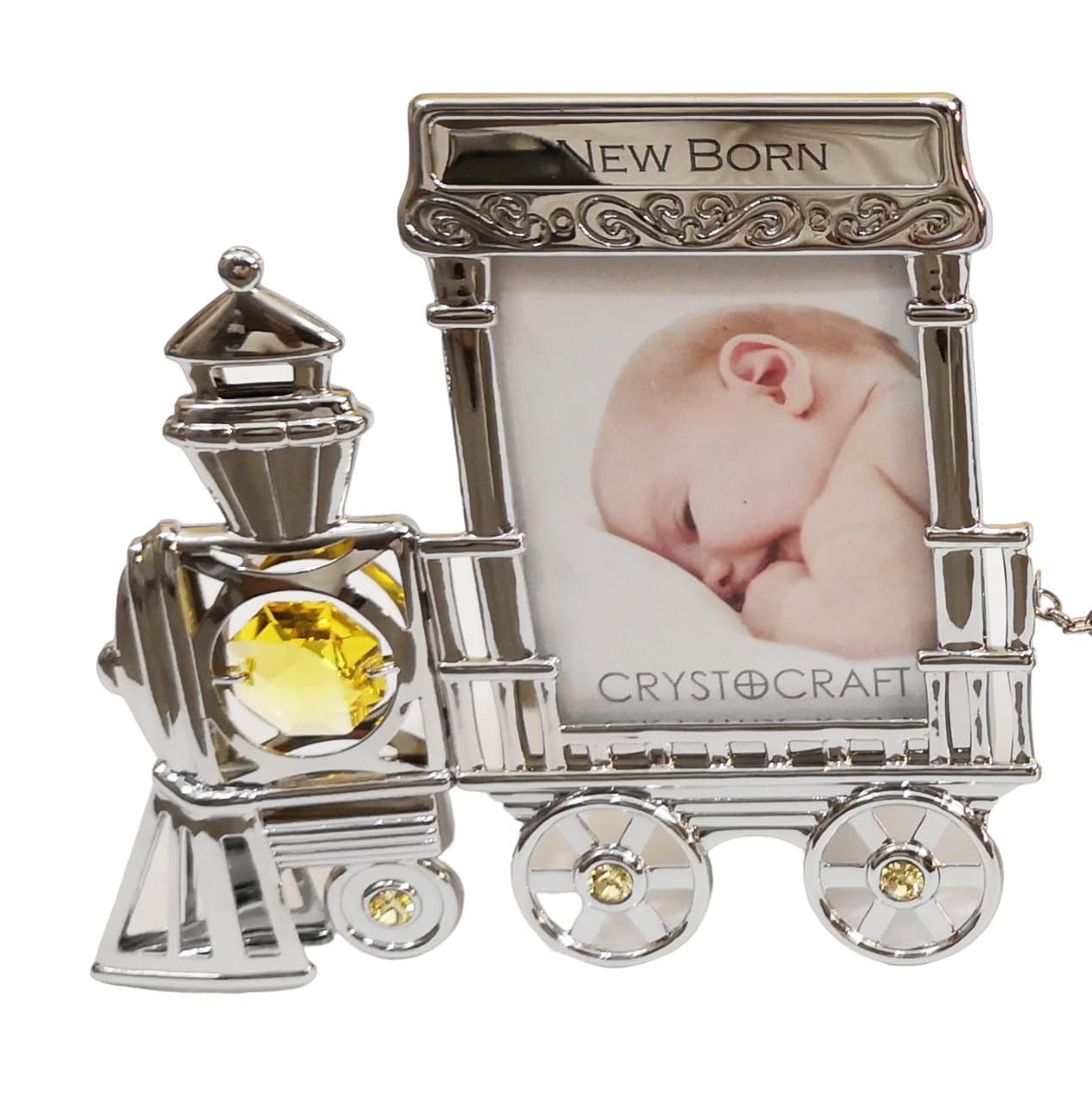 CORNICE PORTAFOTO Trenino con 2 vagoni Argentati con scritta NEW BORN - 3 e 6 MONTHS - CRYSTOCRAFT BOMBONIERE Nascita Battesimo Bimbo Bimba
