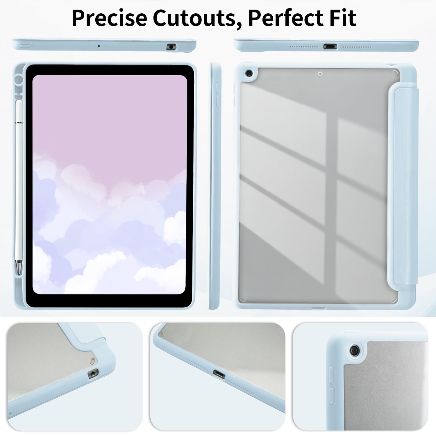Custodia Kawaii Duck per iPad Pro 4a/3a/2a/1a generazione (2022/2021/2020/2018) 11 pollici con supporto per matita triplice supporto in pelle blu Girly Cover posteriore trasparente