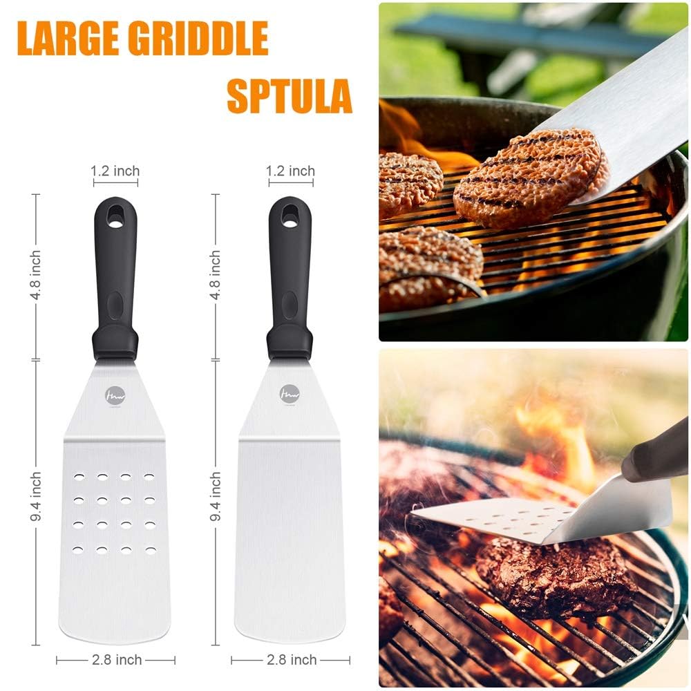 Grillspachtel Set, Edelstahl 9 Pcs Flat-Top-Grillbesteck Set, Profi BBQ Zubehör Grillwender mit Turner-Bürstenflaschen und Tragetasche, Idee für Grillen im Freien, Teppanyaki und Camping