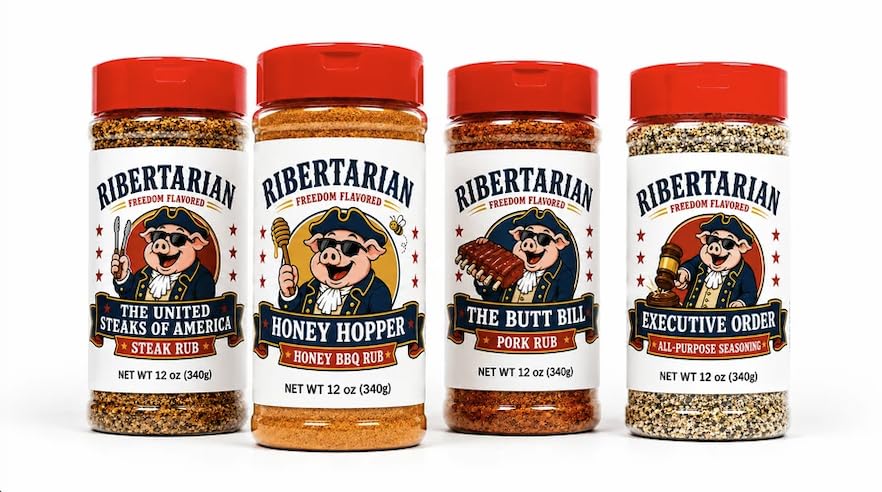 Ribertarian Founders Bundle BBQ Seasoning Gift Set, 4-Pack Steak, Pork, Honey BBQ & All-Purpose Rubs, No MSG, 12oz Bottles