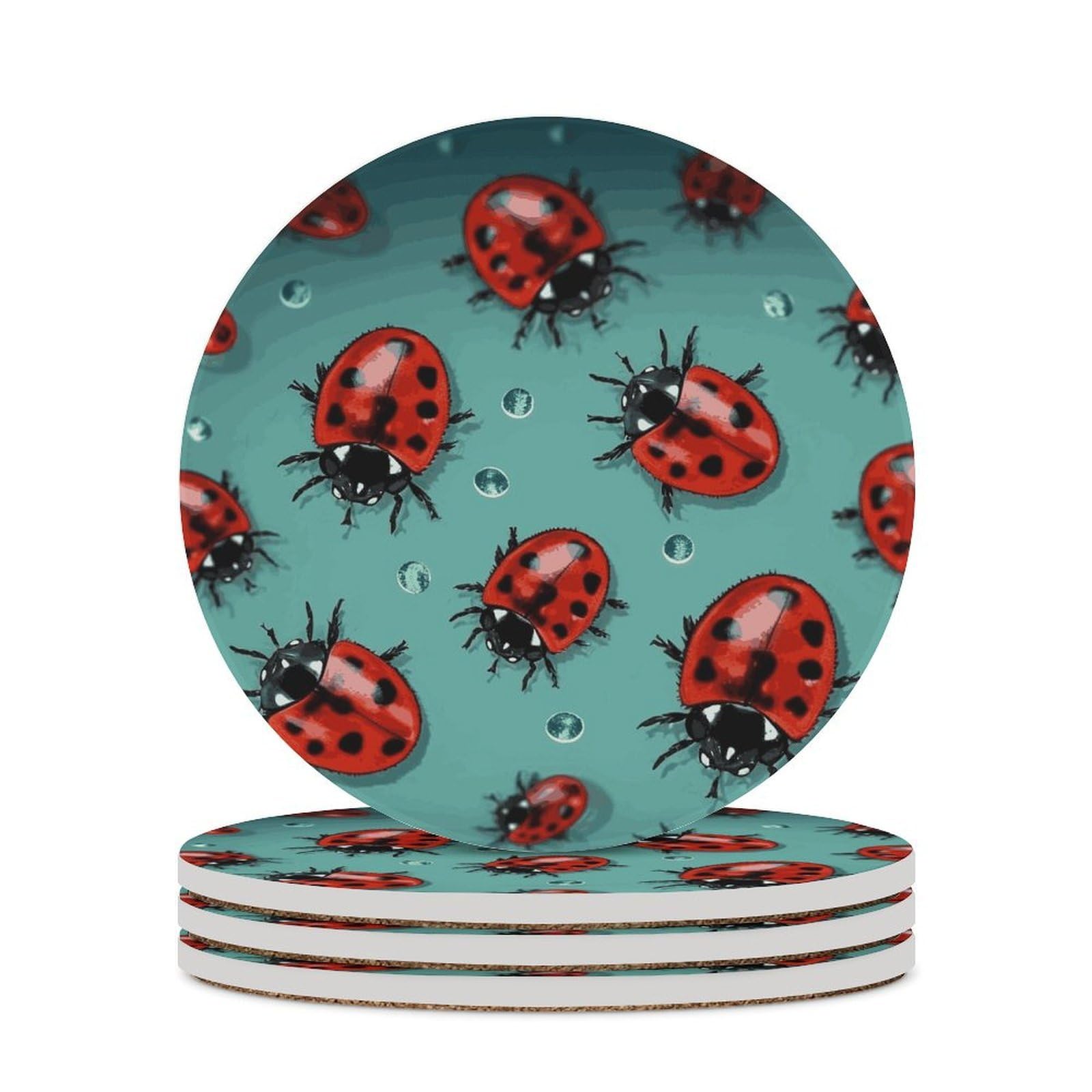 Red Ladybugs On A Blue Background Coaster with Cork Base Drink Coasters for Coffee Table Decor Modern Cup Coasters with Non-Slip & Heat-Resistant Cute Ceramic Table Coaster for Home Dining