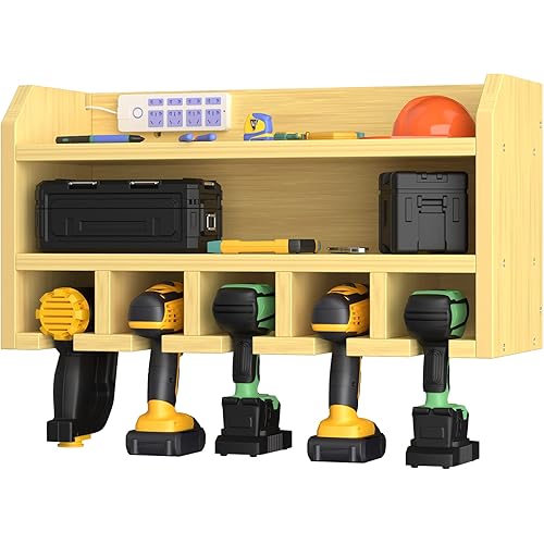 Power Tool Organizer,Drill Charging Station Wall Mount, Shop Power Tool Storage, Cordless Drill Tool Organizer for Home, Workshop, Garage, Easy to Install, Log Yellow (Power Strip not Included)
