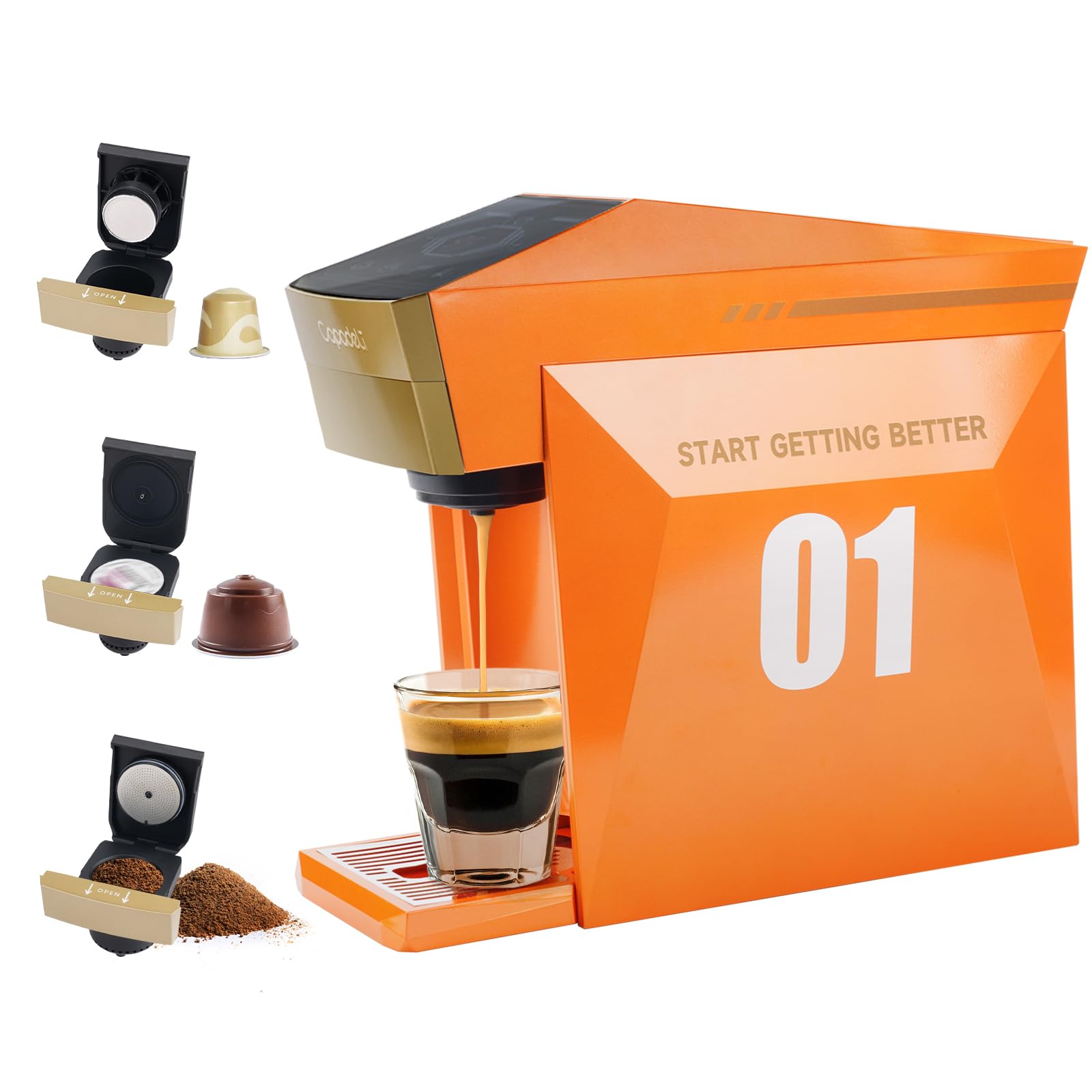 Machine à Expresso Multifonctionnelle 3 en 1, 19 Bar, pour Capsules Nespresso Original/L'OR/Dolce Gusto/Café Moulu (Orange)