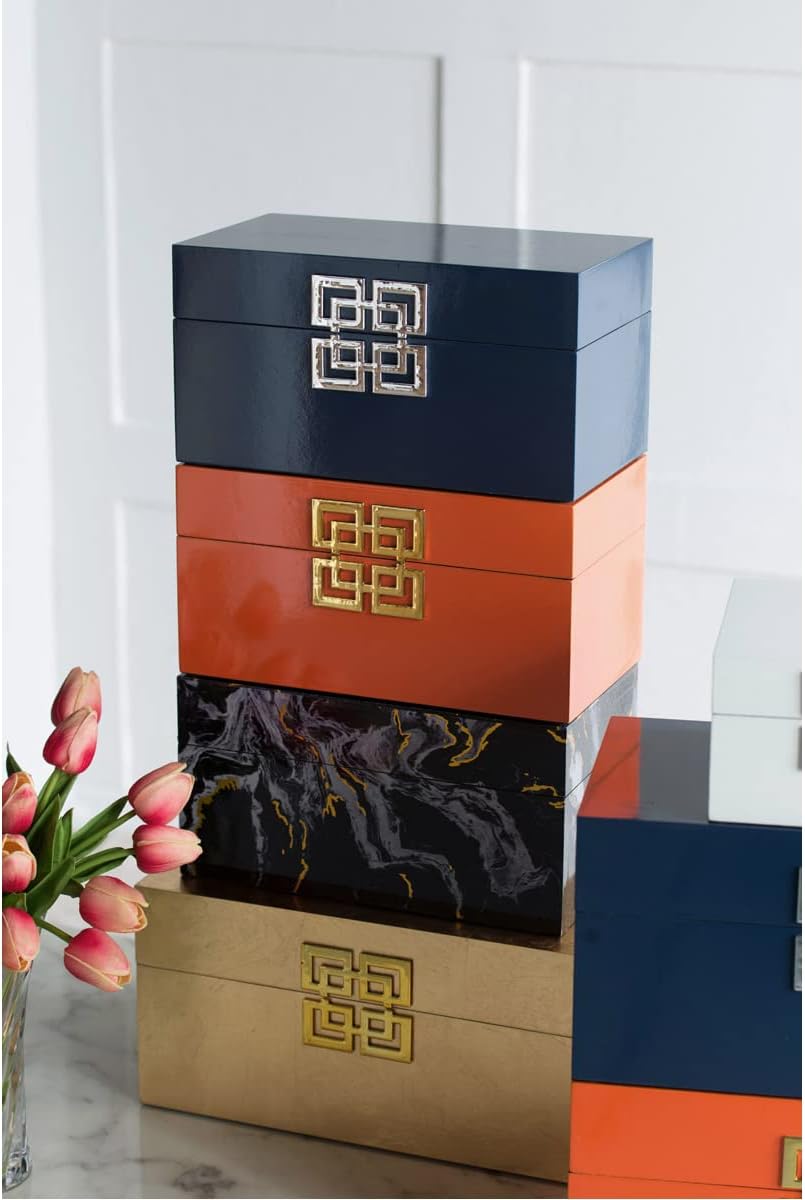 Blue Geometric Design MDF and Iron Lidded Box Set