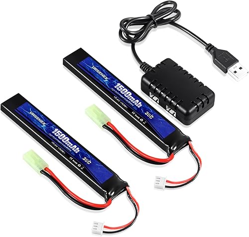 URGENEX Batería Airsoft 7.4V 1500mAh 35C Alta tasa de descarga Lipo Batería con Mini Tamiya Plug Recargable 3S Lipo con cargador USB 1TO2 apto para
