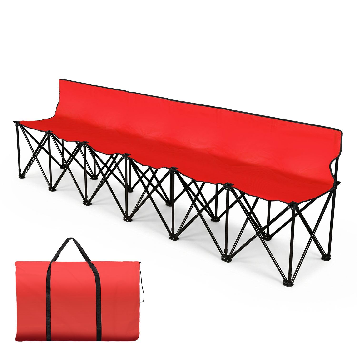 Flexzion Tragbare klappbare Sitzbank, 6‑Sitzer, zusammenklappbare Fußball-Bank, tragbare Sitzbank für Tribünen, Camping, Spielfeldrand, mit Rückenlehne und Tragetasche, Rot
