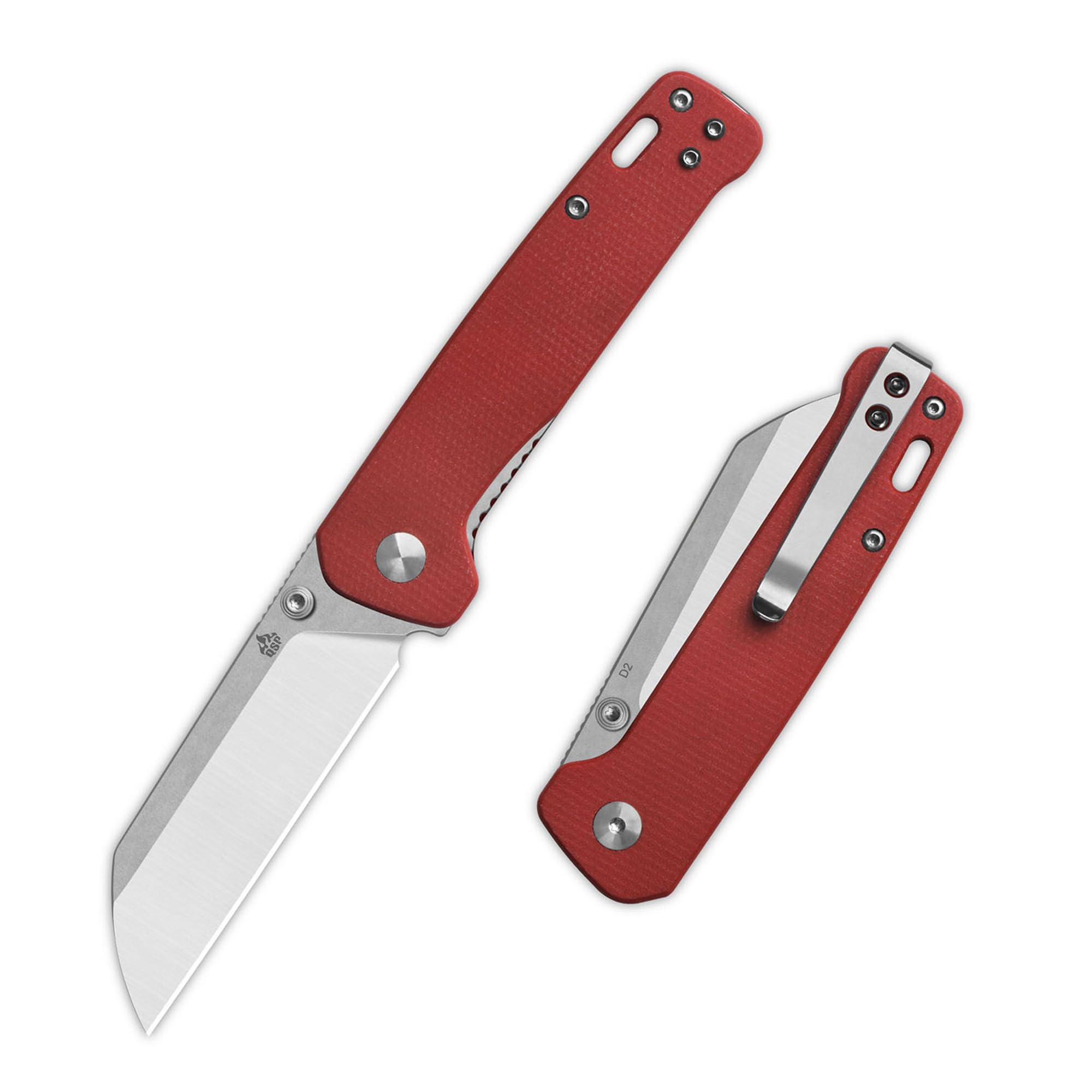 QSP Penguin V2 Folding Pocket Knife, 3.06" D2 Two Tone Finish Stonewash Satin Blade EDC Knife, Red Micarta Handle, Liner Lock, Ceramic Ball Bearings,