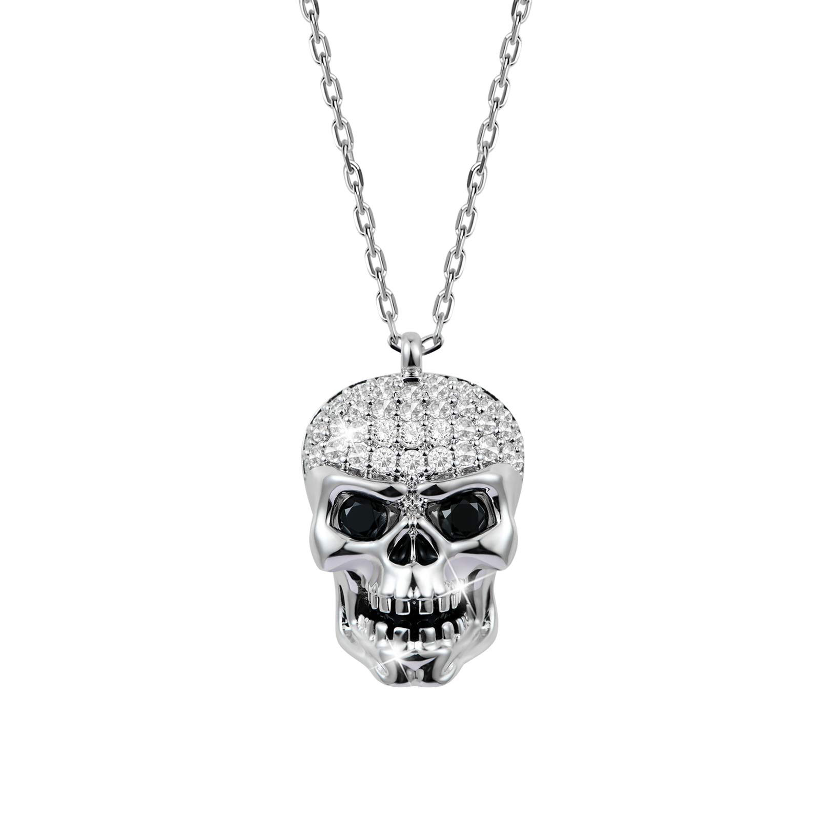 GNOCE Halloween Schädel Anhänger Halskette 925 Sterling Silber Totenkopf Halskette mit Glänzend weißer Kristall Steinen Mode Schmuck für Frauen Herren