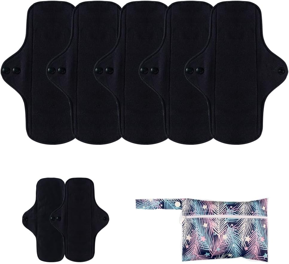 AIO Reusable Washable Cloth Menstrual Black Pads Sanitary Pad for Woman Size(7.09 * 9.06inch) Including 5 pcs Pads with 1 Wet Bag
