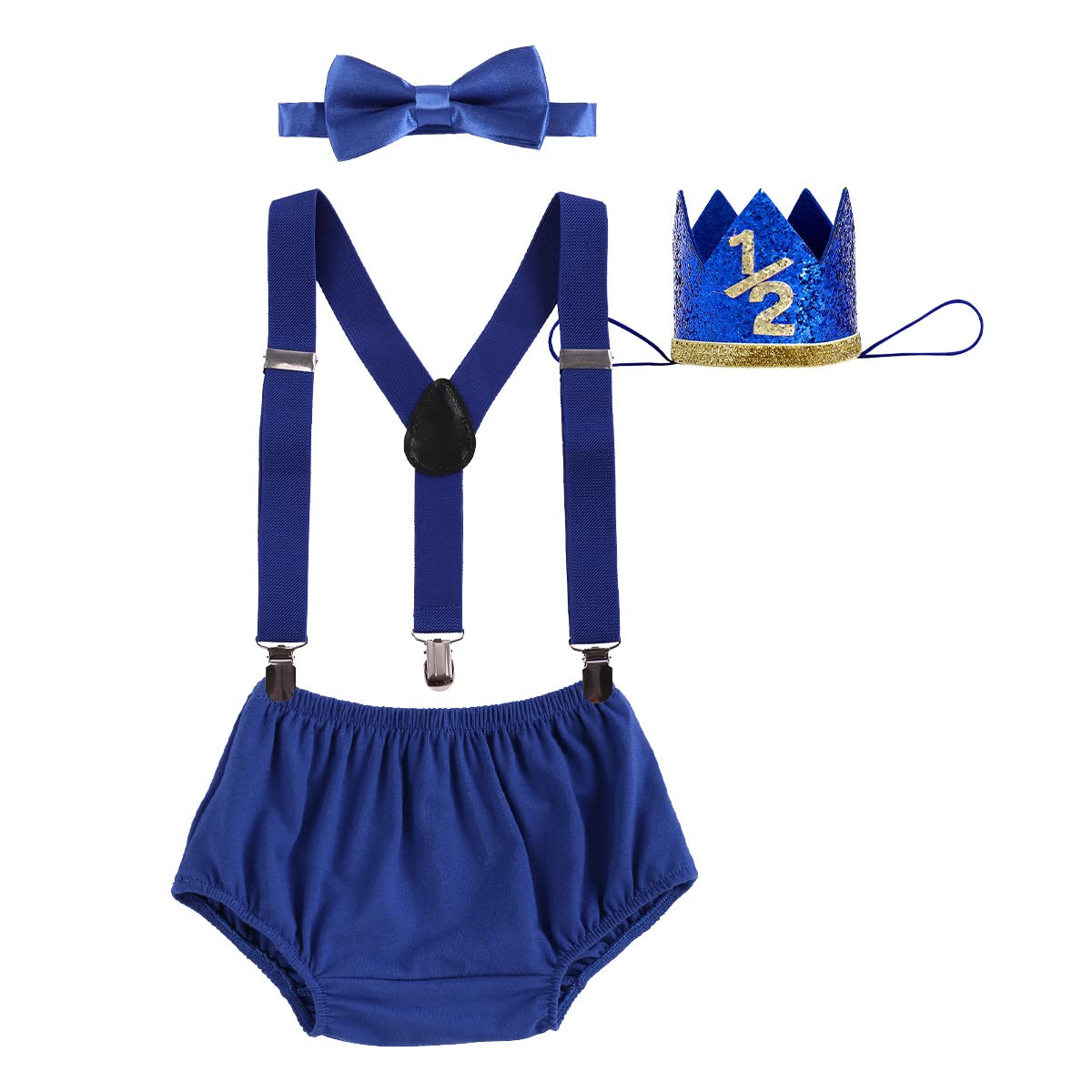 IBTOM CASTLE Baby Boy 1/2 Birthday Cake Smash Outfit Diaper Cover Suspenders Bow Tie Crown Gentlemen Boys Suits Half Way To One Birthday Baby Shower Newborn Photography Clothes Set