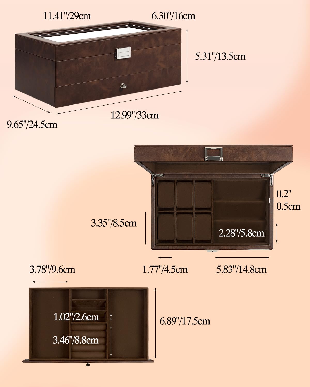 Uhrenbox, 6 Fächer, Uhrenetui, 3 Fächer, Brillen-Organizer, Herren-Schmuckschatulle mit transparentem Glasdeckel, doppellagig mit Schlüsselschloss, Geschenk, Braun