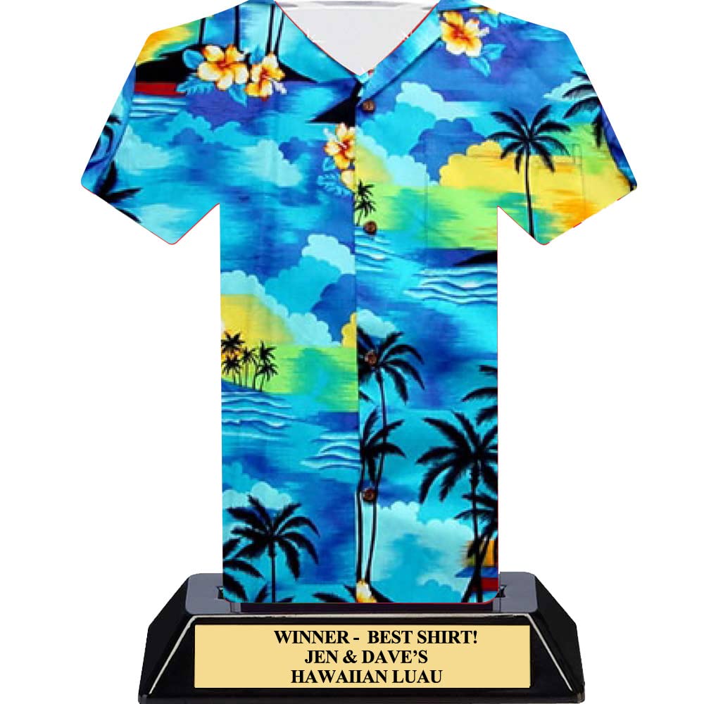 Blue Hawaiian Shirt Trophy - Luau Party Awards - 7 inches Tall - Custom Personalization