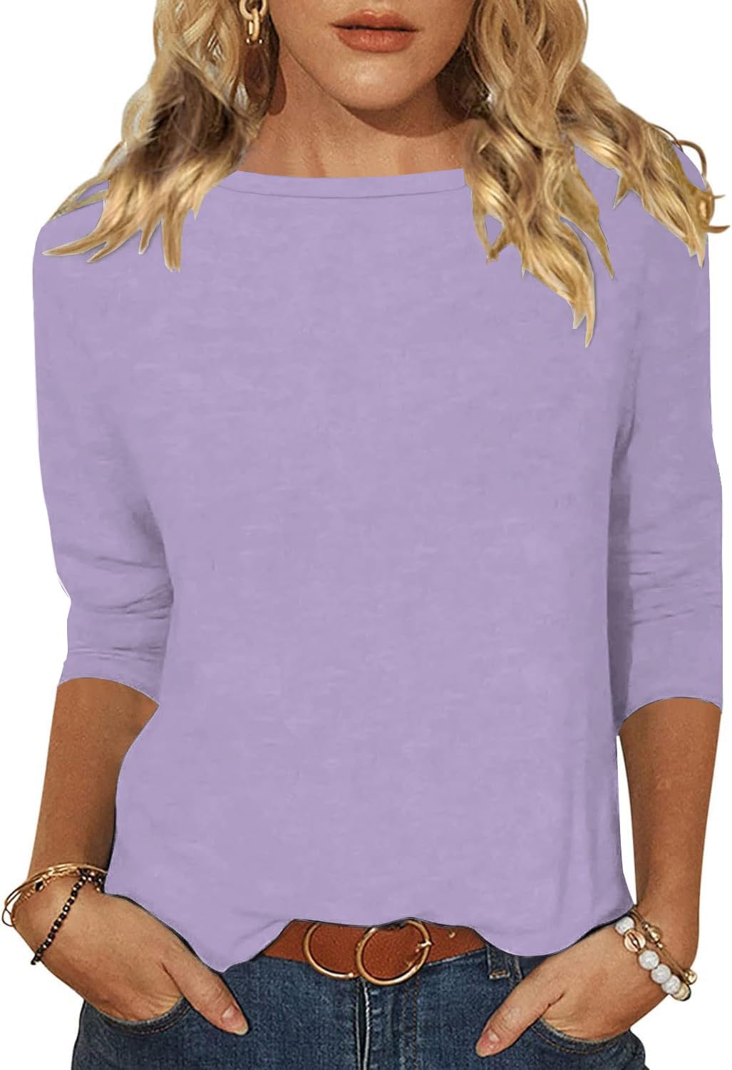 Minetom Tshirt Damen 3/4 Arm Shirt U-Boot Ausschnitt Leichte Pullover Tops Basic Oberteil Sommer Herbst