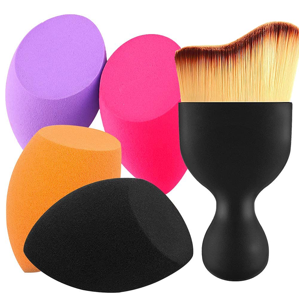 BEAKEY 4+1Pcs Makeup Sponges with Contour Brush, Flawless Foundation Blending Sponge for Liquid Cream and Powder Makeup Sponge Set