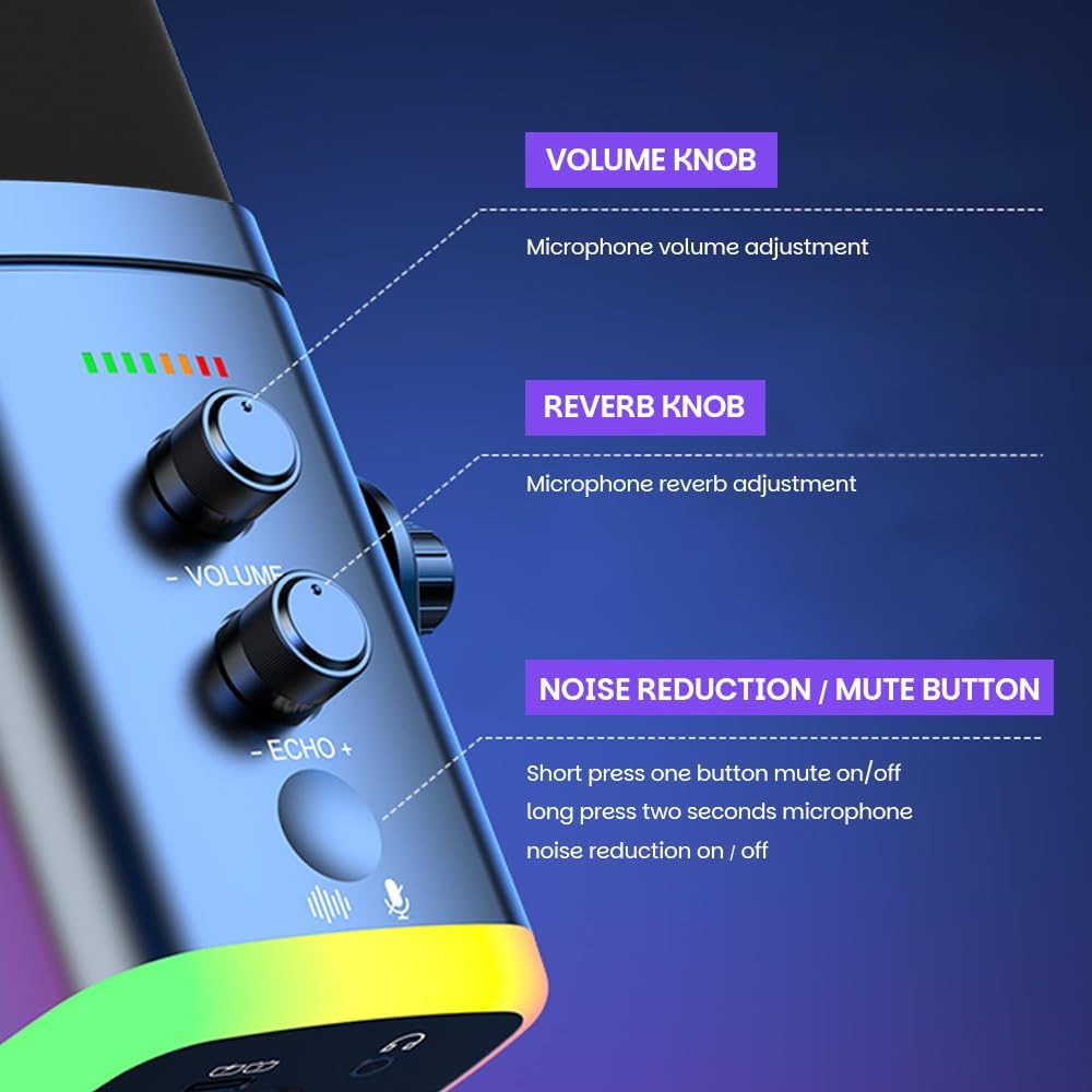 USB/XLR Desktop Dynamic Microphone with RGB Light, Noise Reduction & Mute Button for Podcast Recording, PC Computer Gaming Streaming Mic with RGB Light, Mute Button, Headphones Jack (Black)